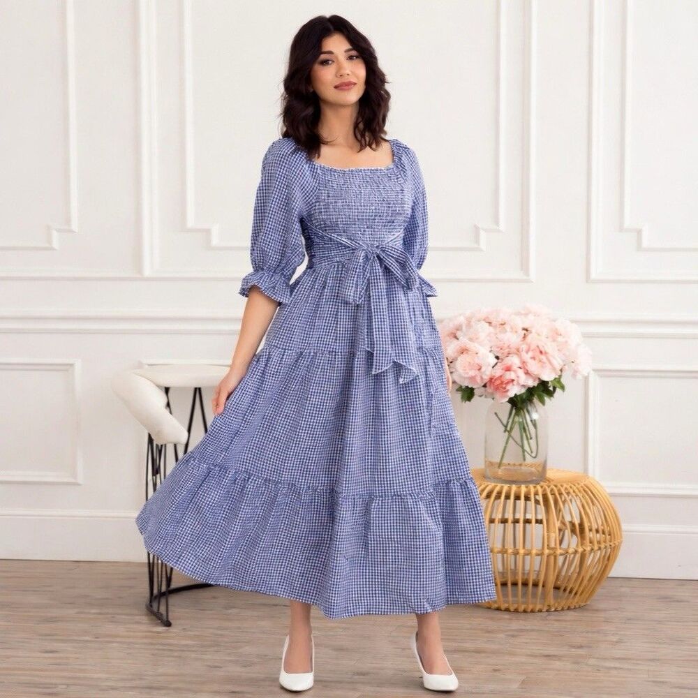Womens Navy Gingham Midi Dress Tiered Ruffle Sleeve Tie Front Cottagecore Sz L